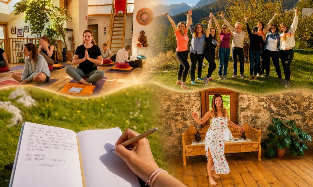 Bilderkollage einer Yoga-Einheit, einer winkender Gruppe auf einer Wiese, einer Hand beim Schreiben in einem Notizbuch und einer auf einem Holzboden tanzenden Frau mit Steinwand im Hintergrund