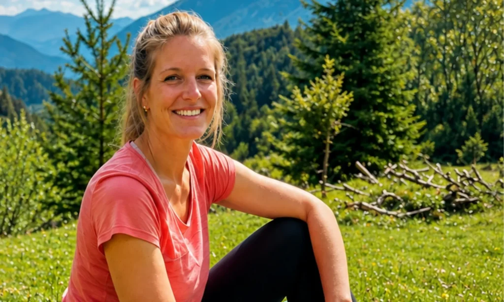 Lächelnde Frau inmitten einer grünen Berglandschaft in Oberbayern