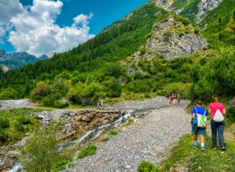 Alpine Landschaft mit grünen Bergen und Felsen bei sonnigem Wetter